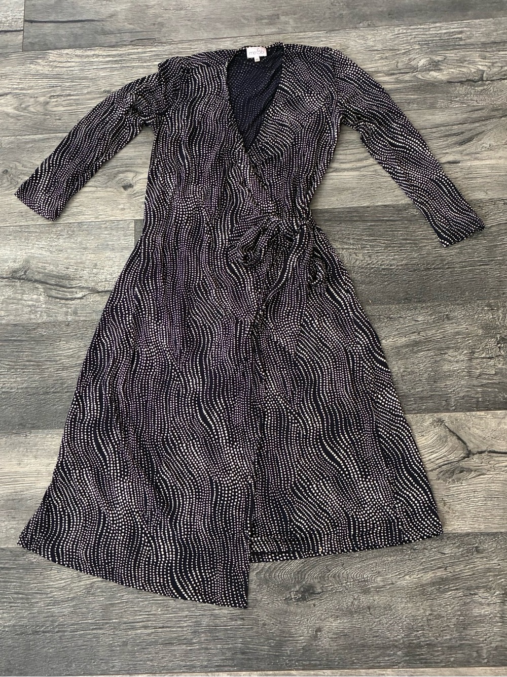 Long Sleeve Wrap Dress in Black with White Dot Wave Print